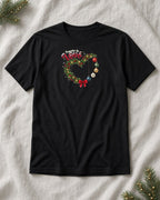 Camiseta de algodão peruano Presentes da Vovó preta com guirlanda de Natal e nomes dos netos personalizados