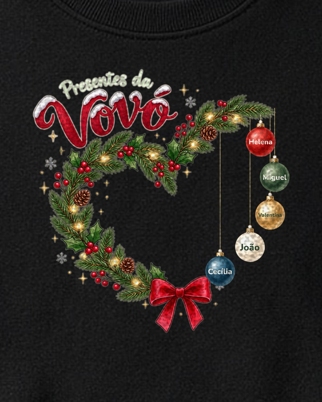 Zoom na estampa de guirlanda de Natal com nomes dos netos no suéter Presentes da Vovó preto
