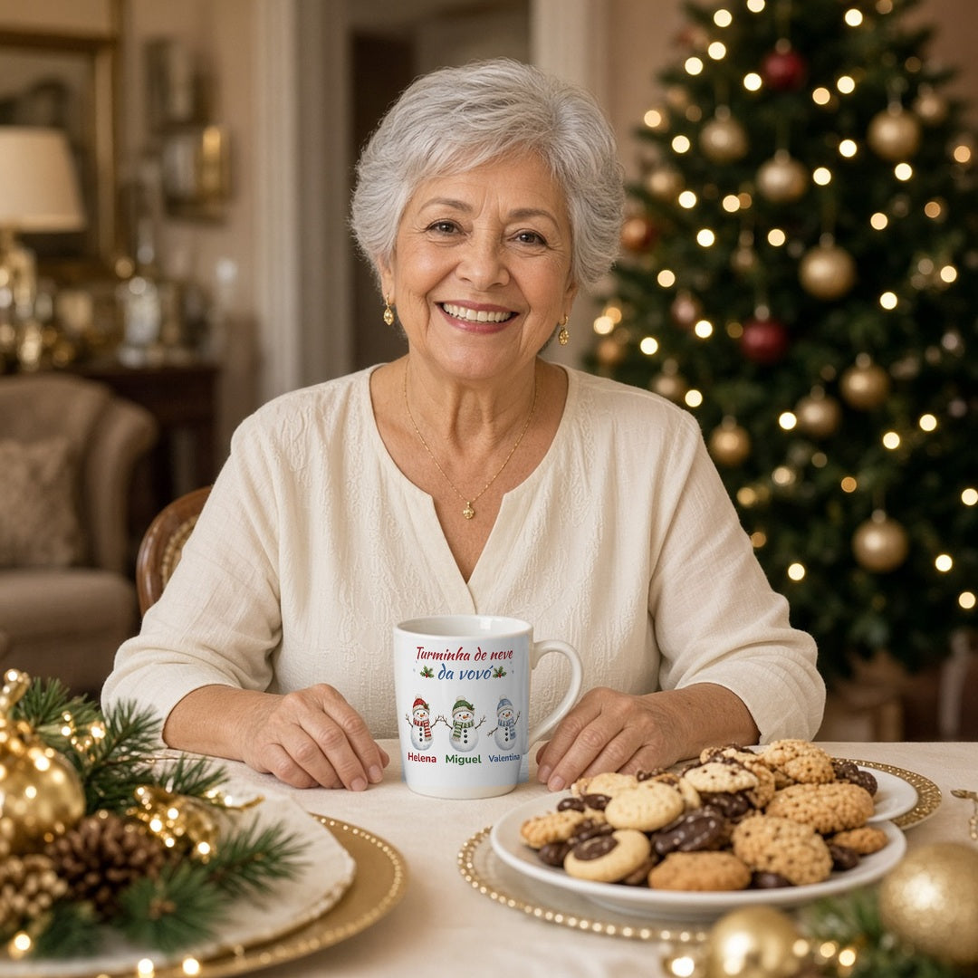 Vovó com a caneca Turminha de neve da vovó na ceia de Natal
