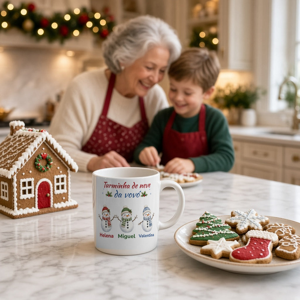 Vovó e neto com a caneca Turminha de neve da vovó na cozinha