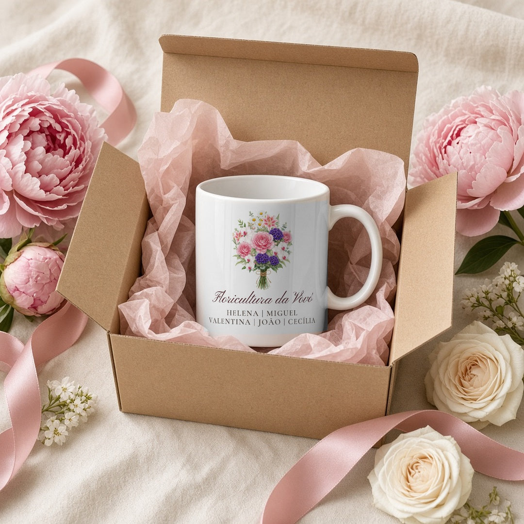 Caneca Floricultura da Vovó na caixa de presente