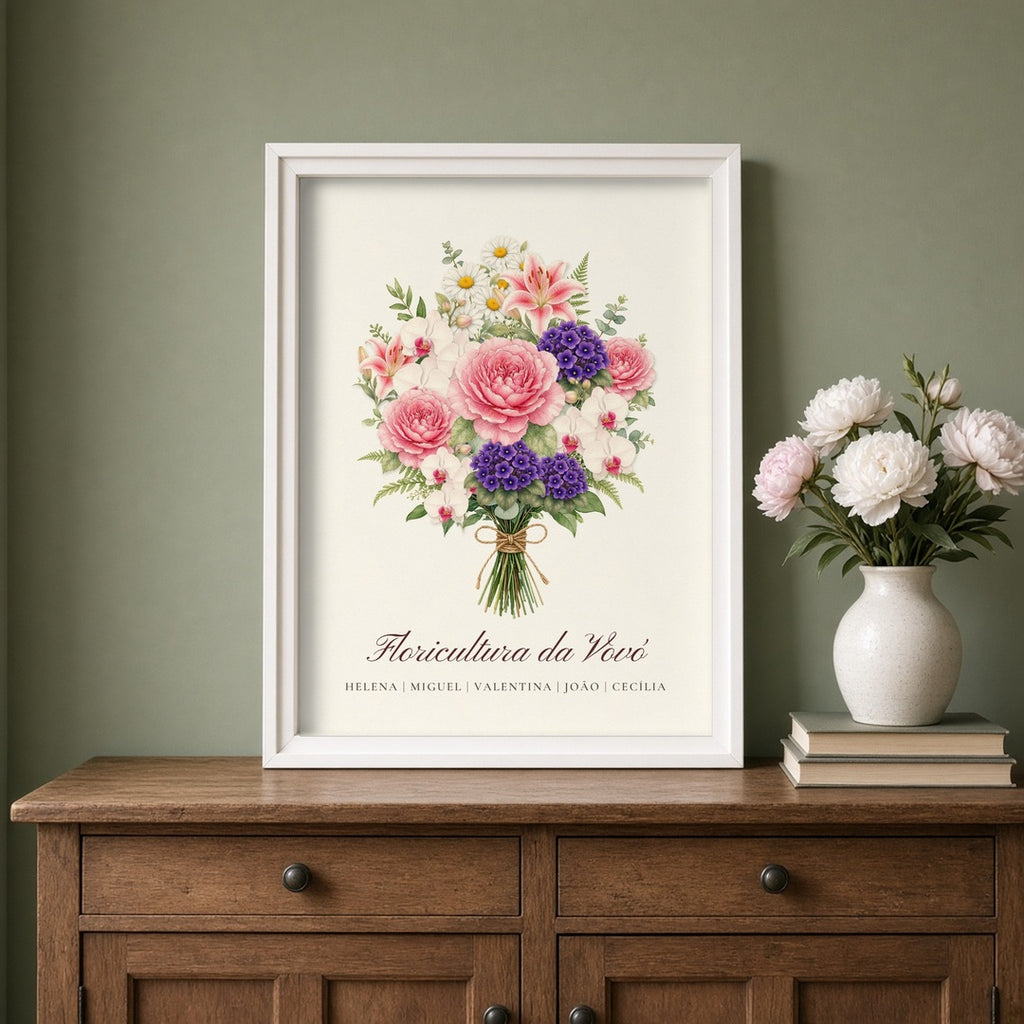 Quadro Floricultura da Vovó com moldura caixa no aparador