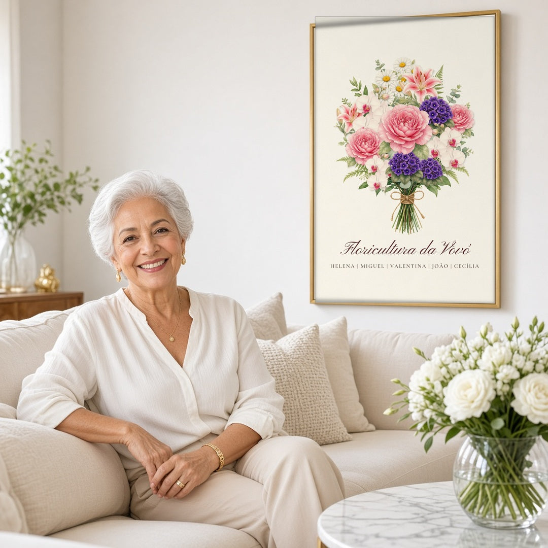 Vovó ao lado do Quadro Floricultura da Vovó na sala