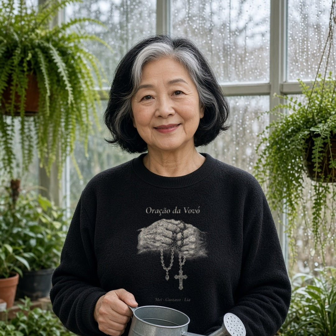 Avó de cabelo preto com mecha grisalha regando plantas no jardim de inverno vestindo o Suéter Oração da Vovó preto com os nomes de 3 netos, personalizada com os nomes dos netos