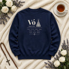 Suéter Vó Desde com Aparecida azul-marinho, em plano aberto, com Vó, Nossa Senhora Aparecida, desde 1992 e 10 netos, personalizada com o ano e os nomes dos netos
